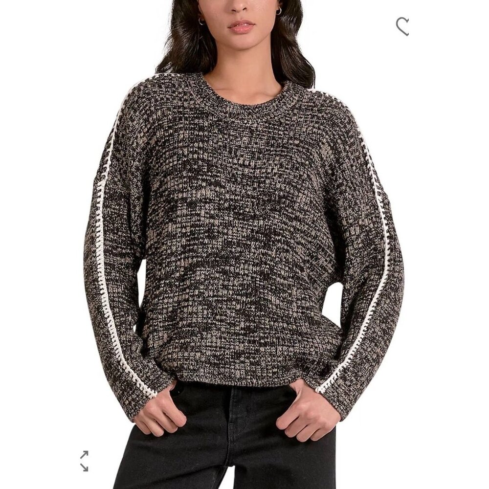 NWT Elan Ribbed Blanket Switch Sweater Black Tan Size L $118 [jb]